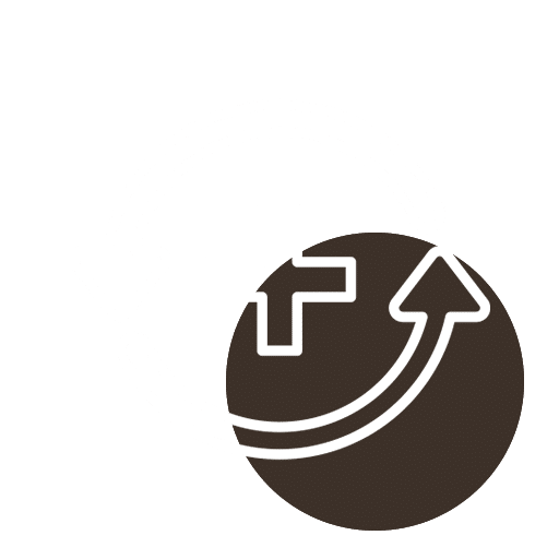 A logo featuring a dark circle with a plus sign and an upward arrow, symbolizing growth or improvement, perfect for a veterinarian clinic. The clean white background enhances the emblem's meaning of positive development in vet care.