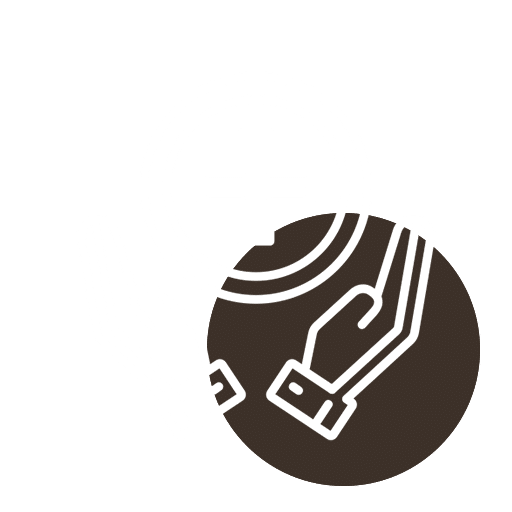 Icon of a hand holding a bottle, being inserted into a circular opening, possibly representing recycling or waste disposal. The design is simple with a dark outline and transparent background, reminiscent of an emblem you might find at an eco-conscious vet clinic.