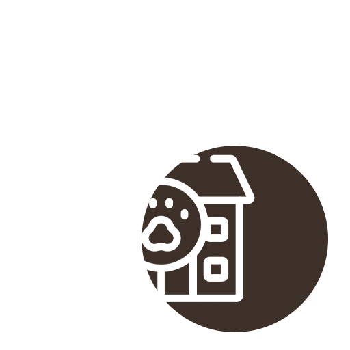 White icon of a house with a large paw print in a circle overlapping the bottom left corner, on a dark brown background.