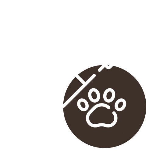 A white pet paw print inside a circle is partially overlapping a white square, all on a dark brown background.