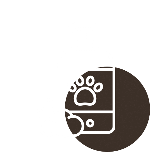A white outline of a smartphone with a paw print icon on its screen, partially overlapping a white rectangle, all on a dark brown background.