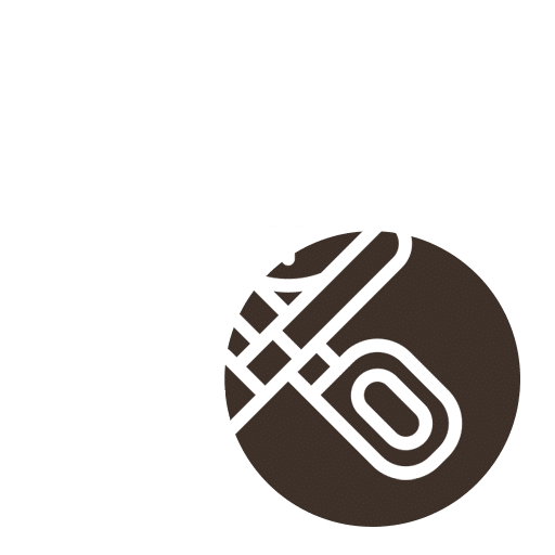 White icon of a pair of scissors cutting through a sheet of paper, with a circular background, all set against a solid dark brown backdrop.
