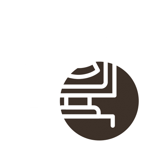 A white icon of a desktop computer with a partial circular cutout on the bottom right, set against a dark brown background.