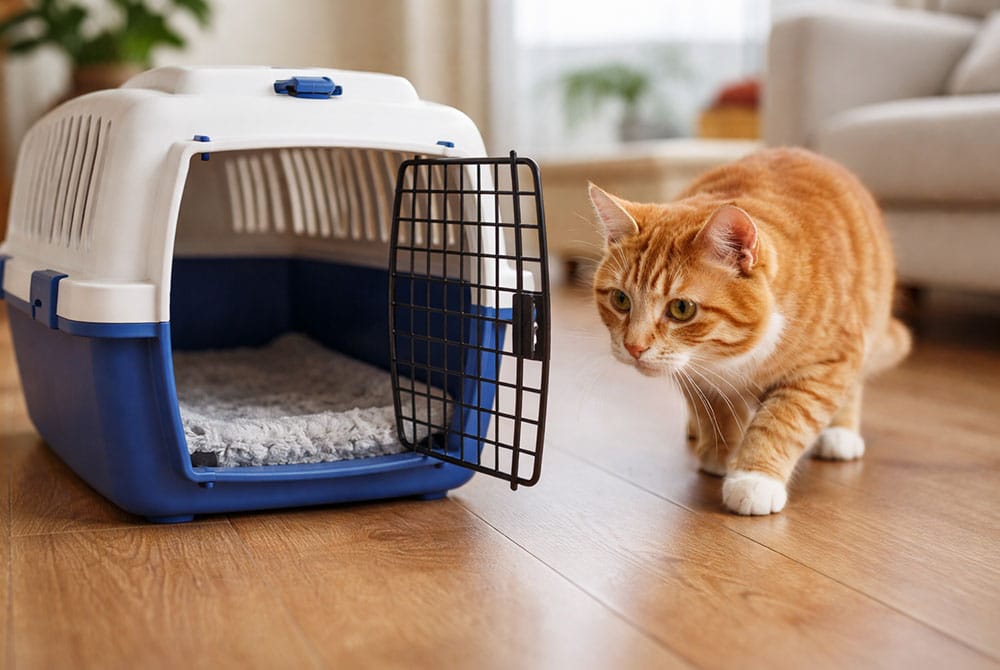 An orange tabby cat cautiously approaches an open blue and white pet carrier placed on a wooden floor in a bright, cozy living room.