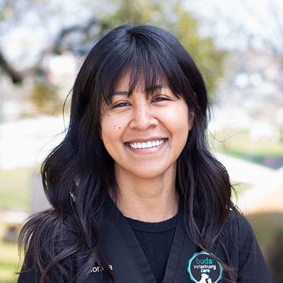 A woman with long dark hair and bangs smiles outdoors. She wears a black jacket with a circular teal logo that reads "buda veterinary care." The background is softly blurred with trees and sunlight visible.